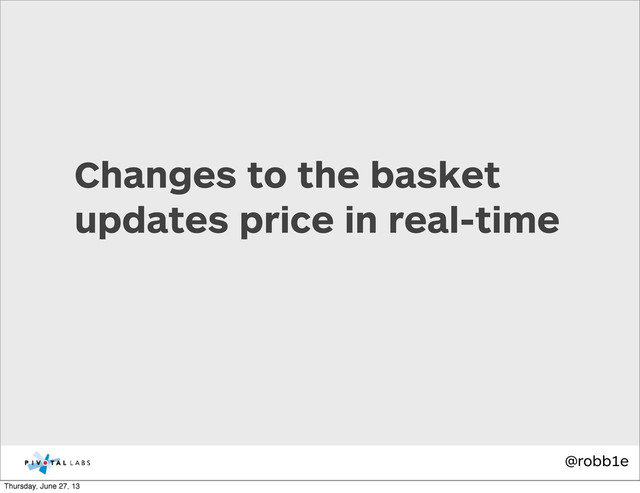 @robb1e
Changes to the basket
updates price in real-time
Thursday, June 27, 13
