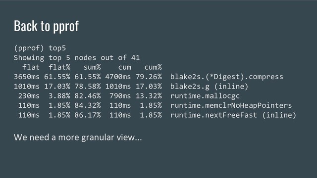 Back to pprof
(pprof) top5
Showing top 5 nodes out of 41
flat flat% sum% cum cum%
3650ms 61.55% 61.55% 4700ms 79.26% blake2s.(*Digest).compress
1010ms 17.03% 78.58% 1010ms 17.03% blake2s.g (inline)
230ms 3.88% 82.46% 790ms 13.32% runtime.mallocgc
110ms 1.85% 84.32% 110ms 1.85% runtime.memclrNoHeapPointers
110ms 1.85% 86.17% 110ms 1.85% runtime.nextFreeFast (inline)
We need a more granular view...
