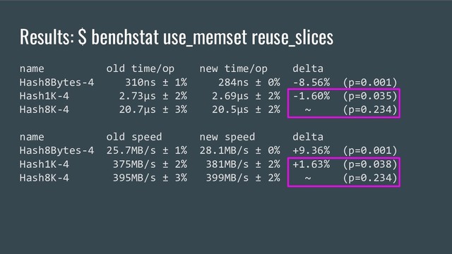 Results: $ benchstat use_memset reuse_slices
name old time/op new time/op delta
Hash8Bytes-4 310ns ± 1% 284ns ± 0% -8.56% (p=0.001)
Hash1K-4 2.73µs ± 2% 2.69µs ± 2% -1.60% (p=0.035)
Hash8K-4 20.7µs ± 3% 20.5µs ± 2% ~ (p=0.234)
name old speed new speed delta
Hash8Bytes-4 25.7MB/s ± 1% 28.1MB/s ± 0% +9.36% (p=0.001)
Hash1K-4 375MB/s ± 2% 381MB/s ± 2% +1.63% (p=0.038)
Hash8K-4 395MB/s ± 3% 399MB/s ± 2% ~ (p=0.234)
