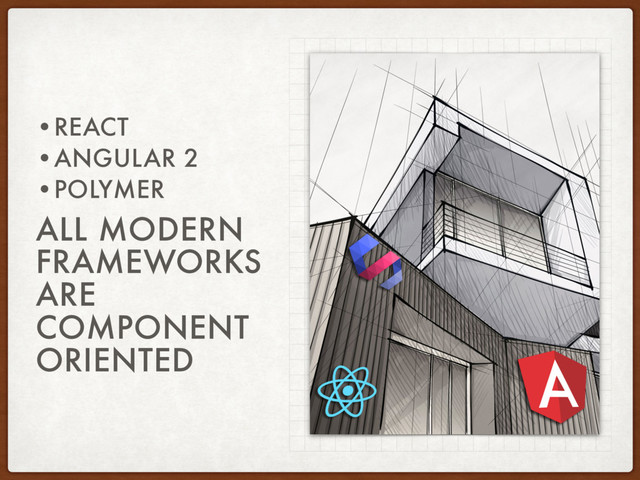ALL MODERN
FRAMEWORKS
ARE
COMPONENT
ORIENTED
•REACT
•ANGULAR 2
•POLYMER
