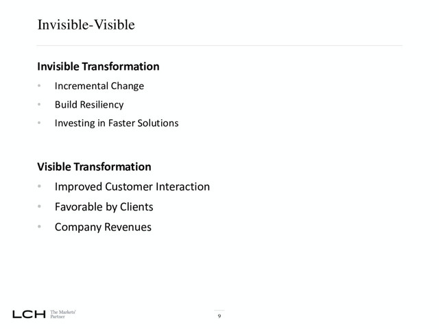 Invisible-Visible
9
Invisible Transformation
• Incremental Change
• Build Resiliency
• Investing in Faster Solutions
Visible Transformation
• Improved Customer Interaction
• Favorable by Clients
• Company Revenues
