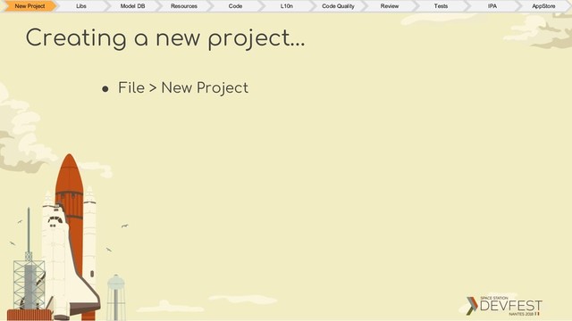 ● File > New Project
Creating a new project…
New Project Libs Model DB Resources Code L10n Code Quality Review Tests IPA AppStore
