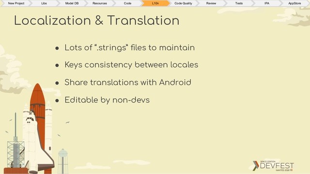 ● Lots of “.strings” ﬁles to maintain
● Keys consistency between locales
● Share translations with Android
● Editable by non-devs
Localization & Translation
New Project Libs Model DB Resources Code L10n Code Quality Review Tests IPA AppStore
