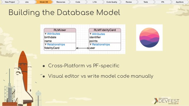 ● Cross-Platform vs PF-specific
● Visual editor vs write model code manually
Building the Database Model
New Project Libs Model DB Resources Code L10n Code Quality Review Tests IPA AppStore
