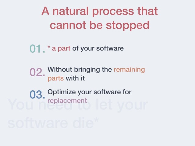 You need to let your
software die*
* a part of your software
01.
02. Without bringing the remaining
parts with it
03. Optimize your software for
replacement
A natural process that


cannot be stopped
