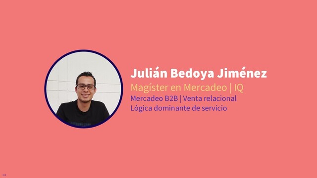 Julián Bedoya Jiménez
Magíster en Mercadeo | IQ
Mercadeo B2B | Venta relacional
Lógica dominante de servicio
1.0
