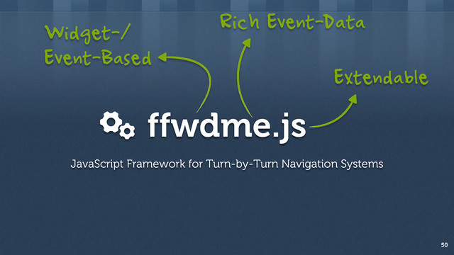 ffwdme.js
50
JavaScript Framework for Turn-by-Turn Navigation Systems
Extendable
Widget-/
Event-Based
Rich Event-Data
