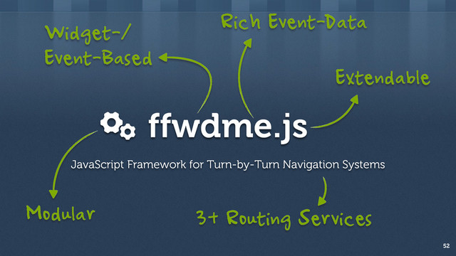 ffwdme.js
52
JavaScript Framework for Turn-by-Turn Navigation Systems
Extendable
3+ Routing Services
Modular
Widget-/
Event-Based
Rich Event-Data
