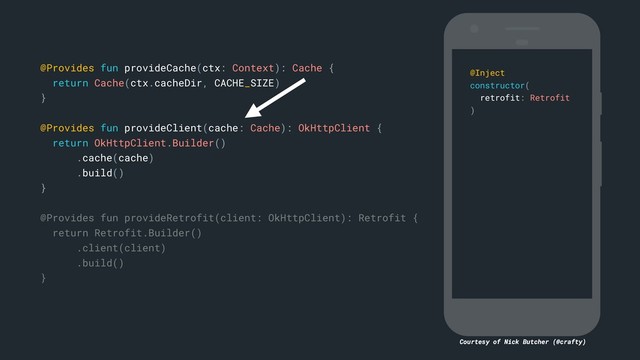Courtesy of Nick Butcher (@crafty)
@Provides fun provideCache(ctx: Context): Cache {
return Cache(ctx.cacheDir, CACHE_SIZE)
}c
@Provides fun provideClient(cache: Cache): OkHttpClient {
return OkHttpClient.Builder()
.cache(cache)
.build()
}b
@Provides fun provideRetrofit(client: OkHttpClient): Retrofit {
return Retrofit.Builder()
.client(client)
.build()
}a
@Inject
constructor(
retrofit: Retrofit
)e
