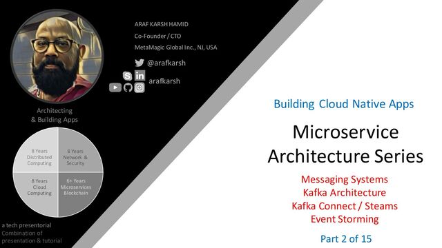 @arafkarsh arafkarsh
8 Years
Network &
Security
6+ Years
Microservices
Blockchain
8 Years
Cloud
Computing
8 Years
Distributed
Computing
Architecting
& Building Apps
a tech presentorial
Combination of
presentation & tutorial
ARAF KARSH HAMID
Co-Founder / CTO
MetaMagic Global Inc., NJ, USA
@arafkarsh
arafkarsh
1
Microservice
Architecture Series
Building Cloud Native Apps
Messaging Systems
Kafka Architecture
Kafka Connect / Steams
Event Storming
Part 2 of 15
