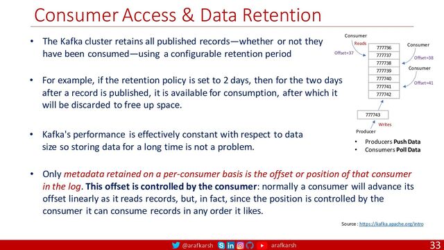 @arafkarsh arafkarsh
Consumer Access & Data Retention
33
Source : https://kafka.apache.org/intro
• For example, if the retention policy is set to 2 days, then for the two days
after a record is published, it is available for consumption, after which it
will be discarded to free up space.
• The Kafka cluster retains all published records—whether or not they
have been consumed—using a configurable retention period
• Kafka's performance is effectively constant with respect to data
size so storing data for a long time is not a problem.
• Only metadata retained on a per-consumer basis is the offset or position of that consumer
in the log. This offset is controlled by the consumer: normally a consumer will advance its
offset linearly as it reads records, but, in fact, since the position is controlled by the
consumer it can consume records in any order it likes.
777743
777742
777741
777740
777739
777738
777737
777736
Producer
Consumer
Consumer
Consumer
• Producers Push Data
• Consumers Poll Data
Writes
Reads
Offset=37
Offset=38
Offset=41
