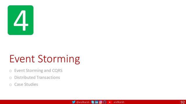 @arafkarsh arafkarsh
4
Event Storming
o Event Storming and CQRS
o Distributed Transactions
o Case Studies
92
