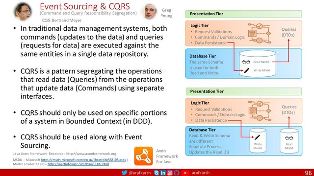 @arafkarsh arafkarsh 96
Event Sourcing & CQRS
(Command and Query Responsibility Segregation) Presentation Tier
Logic Tier
• Request Validations
• Commands / Domain Logic
• Data Persistence
Database Tier
The same Schema
is used for both
Read and Write.
Read Model
Write Model
Queries
(DTOs)
Presentation Tier
Logic Tier
• Request Validations
• Commands / Domain Logic
• Data Persistence
Database Tier
Read & Write Schema
are different
Separate Process
Updates the Read DB
Write
Model
Queries
(DTOs)
Read
Model
• In traditional data management systems, both
commands (updates to the data) and queries
(requests for data) are executed against the
same entities in a single data repository.
• CQRS is a pattern segregating the operations
that read data (Queries) from the operations
that update data (Commands) using separate
interfaces.
• CQRS should only be used on specific portions
of a system in Bounded Context (in DDD).
• CQRS should be used along with Event
Sourcing.
MSDN – Microsoft https://msdn.microsoft.com/en-us/library/dn568103.aspx |
Martin Fowler : CQRS – http://martinfowler.com/bliki/CQRS.html
Axon
Framework
For Java
Java Axon Framework Resource : http://www.axonframework.org
CQS: Bertrand Meyer
Greg
Young
