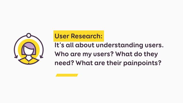 User Research: 

It’s all about understanding users.
Who are my users? What do they
need? What are their painpoints?
