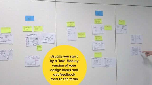 Usually you start
by a “low” fidelity
version of your
design ideas and
get feedback
from to the team
