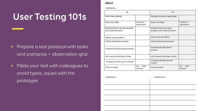 User Testing 101s
๏ Prepare a test protocol with tasks
and scenarios + observation grid

๏ Pilote your test with colleagues to
avoid typos, issues with the
prototype
