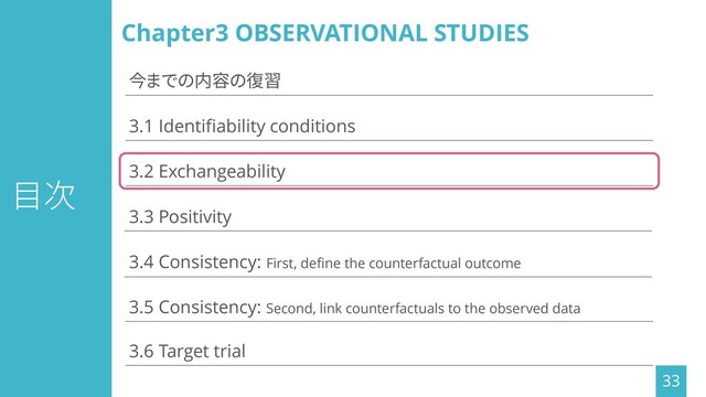 目次
33
3.1 Identifiability conditions
3.3 Positivity
3.2 Exchangeability
3.4 Consistency: First, define the counterfactual outcome
3.5 Consistency: Second, link counterfactuals to the observed data
3.6 Target trial
今までの内容の復習
Chapter3 OBSERVATIONAL STUDIES

