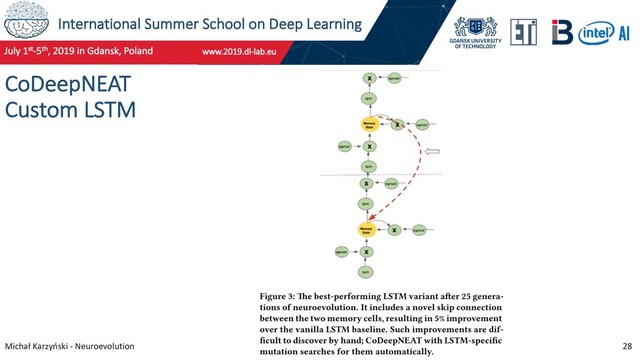 International Summer School on Deep Learning
Michał Karzyński - Neuroevolution 28
CoDeepNEAT
Custom LSTM
