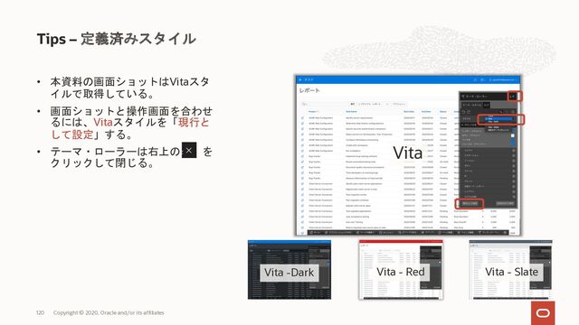 • 本資料の画面ショットはVitaスタ
イルで取得している。
• 画面ショットと操作画面を合わせ
るには、Vitaスタイルを「現行と
して設定」する。
• テーマ・ローラーは右上の を
クリックして閉じる。
Tips – 定義済みスタイル
Copyright © 2020, Oracle and/or its affiliates
120
Vita -Dark Vita - Red Vita - Slate
Vita
