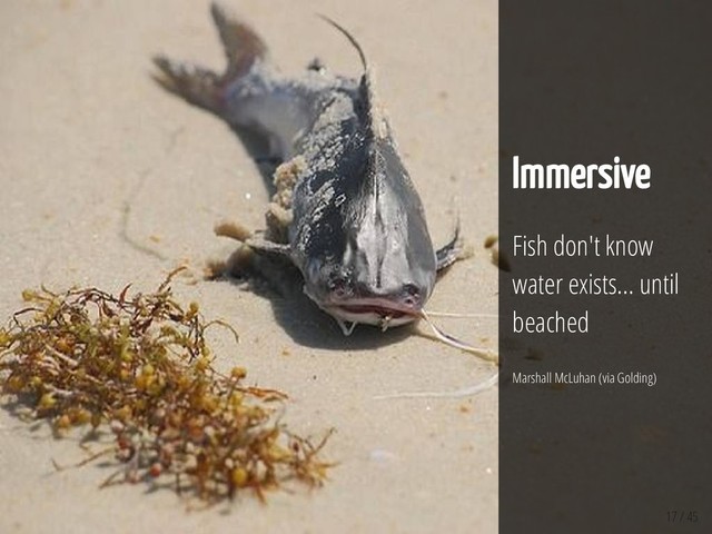 17 / 45
Immersive
Fish don't know
water exists... until
beached
Marshall McLuhan (via Golding)

