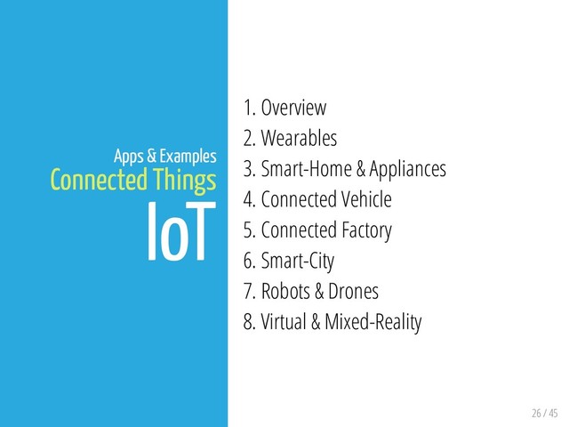 26 / 45
Apps & Examples
Connected Things
IoT
1. Overview
2. Wearables
3. Smart-Home & Appliances
4. Connected Vehicle
5. Connected Factory
6. Smart-City
7. Robots & Drones
8. Virtual & Mixed-Reality
