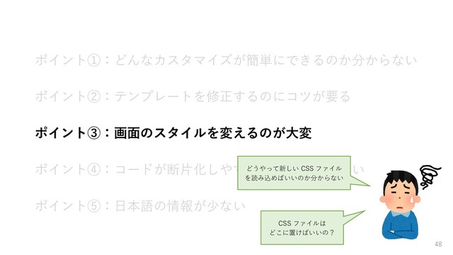 ポイント①：どんなカスタマイズが簡単にできるのか分からない
ポイント②：テンプレートを修正するのにコツが要る
ポイント③：画面のスタイルを変えるのが大変
ポイント④：コードが断片化しやすくテストがしづらい
ポイント⑤：日本語の情報が少ない
48
どうやって新しい CSS ファイル
を読み込めばいいのか分からない
CSS ファイルは
どこに置けばいいの？
