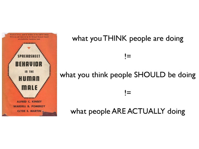 what you THINK people are doing
!=
what you think people SHOULD be doing
!=
what people ARE ACTUALLY doing
