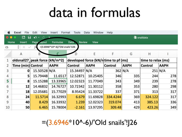 data in formulas
=(3.6946*10^-6)/'Old snails'!J26
