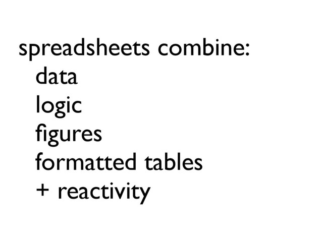 spreadsheets combine:
data
logic
ﬁgures
formatted tables
+ reactivity
