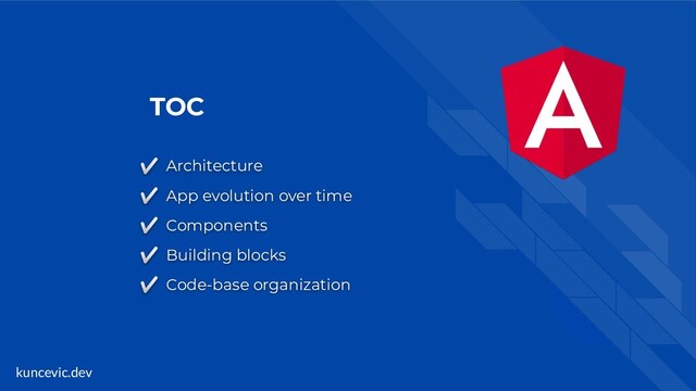 kuncevic.dev
TOC
✅ Architecture
✅ App evolution over time
✅ Components
✅ Building blocks
✅ Code-base organization
