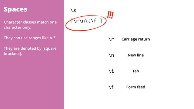 Spaces \s
[\r\n\t\f ]
Character classes match one
character only.
They can use ranges like A-Z.
They are denoted by [square
brackets].
!!!
\r Carriage return
\n New line
\t Tab
\f Form feed
