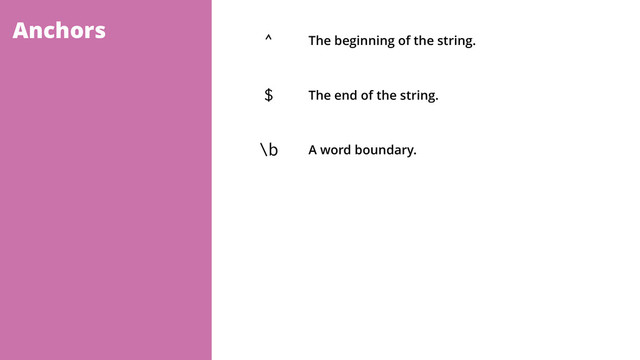 Anchors
^ The beginning of the string.
$ The end of the string.
\b A word boundary.
