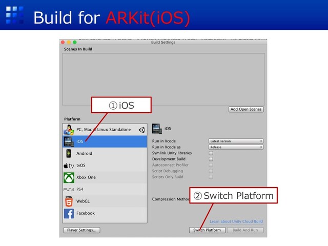 Build for ARKit(iOS)
①iOS
②Switch Platform

