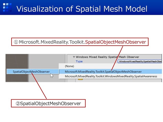 Visualization of Spatial Mesh Model
①Microsoft.MixedReality.Toolkit.SpatialObjectMeshObserver
②SpatialObjectMeshObserver
