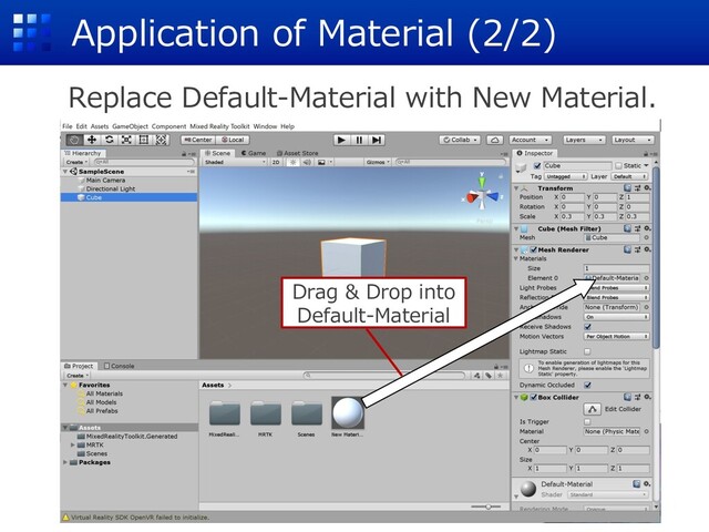 Application of Material (2/2)
Replace Default-Material with New Material.
Drag & Drop into
Default-Material
