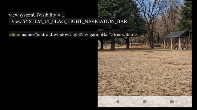 view.systemUiVisibility = ...
View.SYSTEM_UI_FLAG_LIGHT_NAVIGATION_BAR
true
