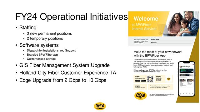 FY24 Operational Initiatives
• Staffing
• 3 new permanent positions
• 2 temporary positions
• Software systems
• Dispatch for Installations and Support
• Branded BPWFiber app
• Customer self-service
• GIS Fiber Management System Upgrade
• Holland City Fiber Customer Experience TA
• Edge Upgrade from 2 Gbps to 10 Gbps
