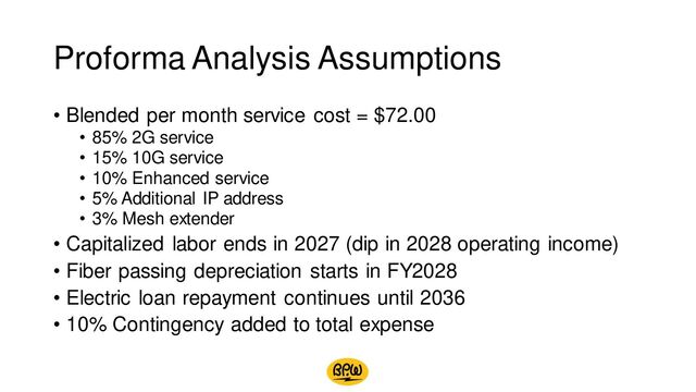 Proforma Analysis Assumptions
• Blended per month service cost = $72.00
• 85% 2G service
• 15% 10G service
• 10% Enhanced service
• 5% Additional IP address
• 3% Mesh extender
• Capitalized labor ends in 2027 (dip in 2028 operating income)
• Fiber passing depreciation starts in FY2028
• Electric loan repayment continues until 2036
• 10% Contingency added to total expense
