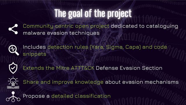 Community centric open project dedicated to cataloguing
malware evasion techniques
Includes detection rules (Yara, Sigma, Capa) and code
snippets
Extends the Mitre ATTT&CK Defense Evasion Section
Share and improve knowledge about evasion mechanisms
Propose a detailed classification
