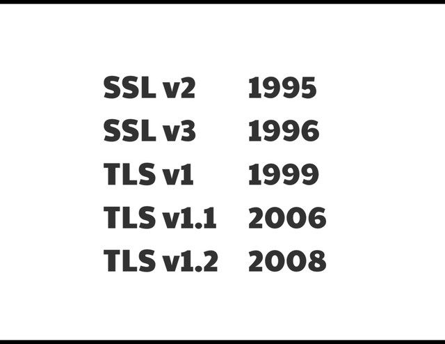 SSL v2

SSL v3

TLS v1

TLS v1.1

TLS v1.2
1995

1996

1999

2006

2008
