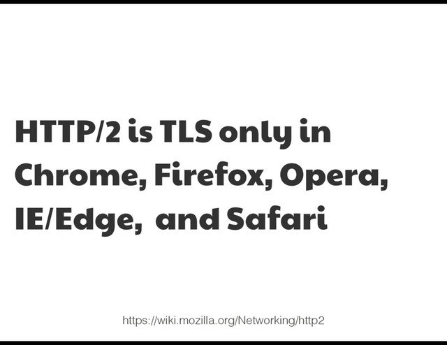 HTTP/2 is TLS only in
Chrome, Firefox, Opera,
IE/Edge, and Safari
https://wiki.mozilla.org/Networking/http2
