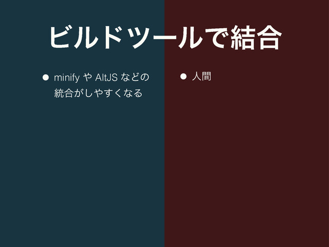 ϏϧυπʔϧͰ݁߹
• minify ΍ AltJS ͳͲͷ
౷߹͕͠΍͘͢ͳΔ
!
!
!
!
• ਓؒ

