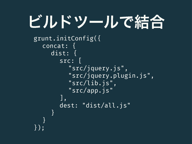 ϏϧυπʔϧͰ݁߹
grunt.initConfig({
concat: {
dist: {
src: [
"src/jquery.js",
"src/jquery.plugin.js",
"src/lib.js",
"src/app.js"
],
dest: "dist/all.js"
}
}
});

