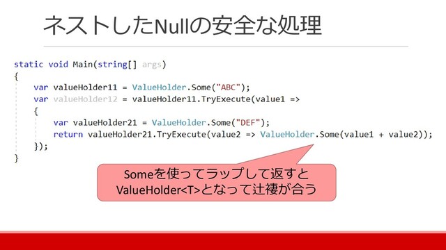 ネストしたNullの安全な処理
Someを使ってラップして返すと
ValueHolderとなって辻褄が合う
