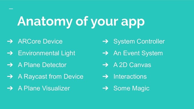 Anatomy of your app
➔ ARCore Device
➔ Environmental Light
➔ A Plane Detector
➔ A Raycast from Device
➔ A Plane Visualizer
➔ System Controller
➔ An Event System
➔ A 2D Canvas
➔ Interactions
➔ Some Magic
