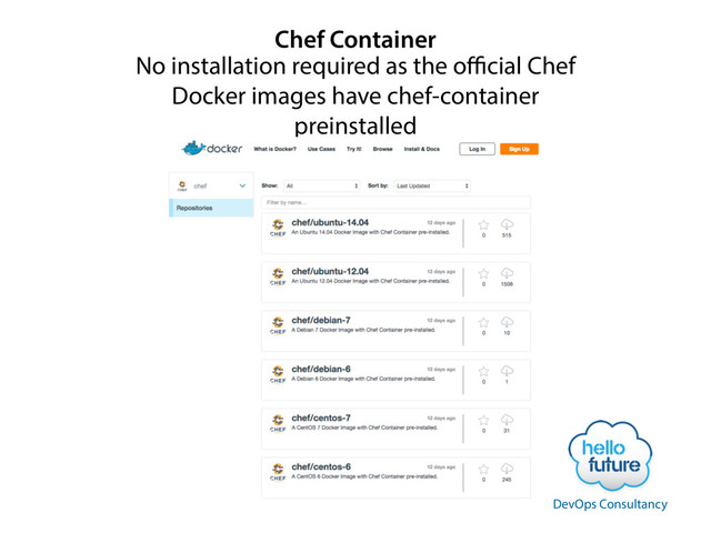 Chef Container
No installation required as the oﬃcial Chef
Docker images have chef-container
preinstalled
DevOps Consultancy
