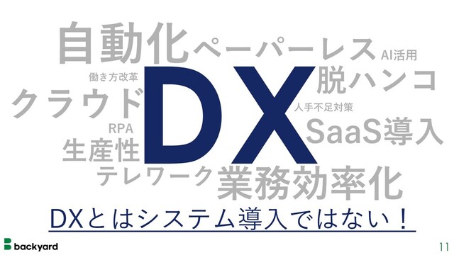 11
DX
ペーパーレス
⾃動化
脱ハンコ
業務効率化
テレワーク
SaaS導⼊
クラウド ⼈⼿不⾜対策
AI活⽤
RPA
働き⽅改⾰
⽣産性
DXとはシステム導⼊ではない！
