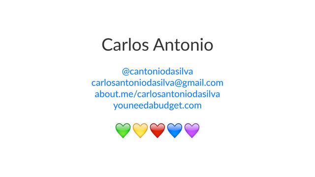 Carlos'Antonio
@cantoniodasilva
carlosantoniodasilva@gmail.com
about.me/carlosantoniodasilva
youneedabudget.com
!"❤$%
