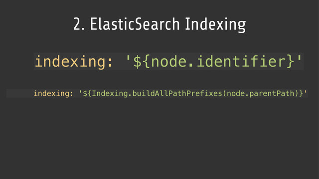 2. ElasticSearch Indexing
indexing: '${Indexing.buildAllPathPrefixes(node.parentPath)}'
indexing: '${node.identifier}'
