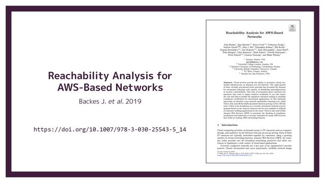 Reachability Analysis for
AWS-Based Networks
Backes J. et al. 2019
https://doi.org/10.1007/978-3-030-25543-5_14
